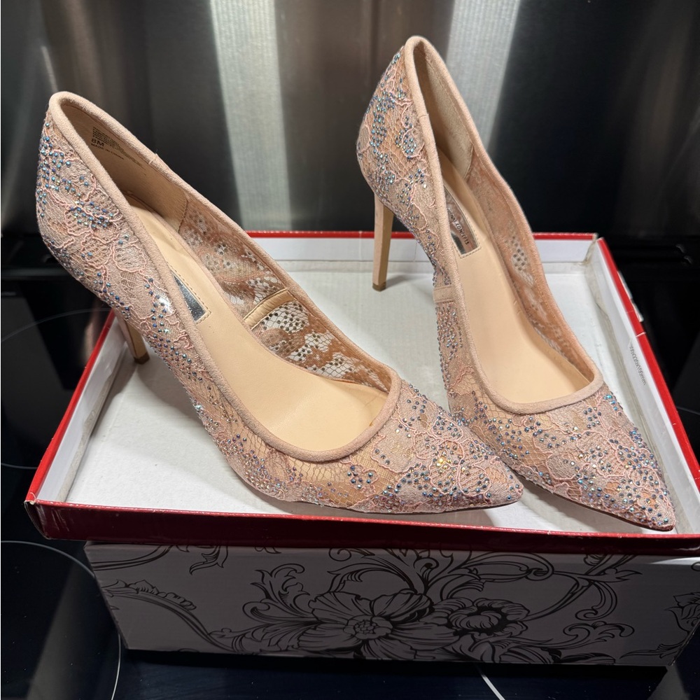 INC International Concepts Pink Lace Heels Jimmy Choo-style wedding shoes